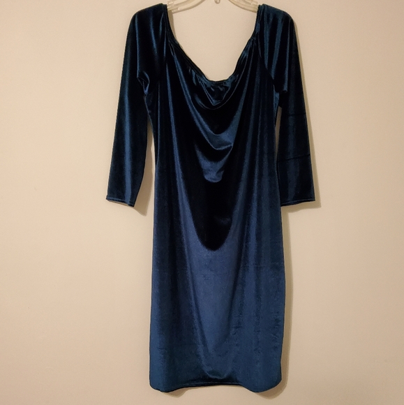 Boohoo Stretch Blue Green Velvet Off Shoulder Midi Dress Size 20 - Picture 4 of 9
